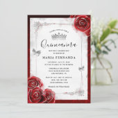 Silber und Rote Rose Elegant Quinceanera Einladung (Stehend Vorderseite)