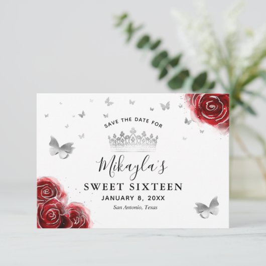 Silber und Rote Rosen Elegant Save The Date (Stehend Vorderseite)