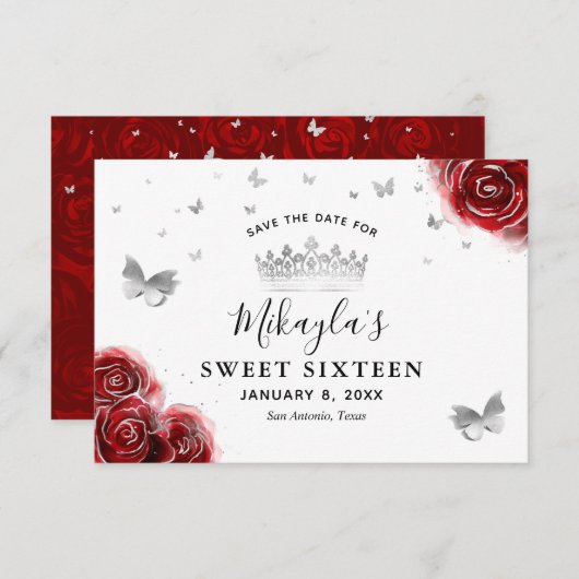 Silber und Rote Rosen Elegant Save The Date (Vorne/Hinten)