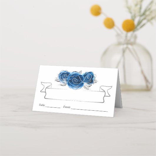 Silber und Royal Blue Rose Eleganter geklappter Ti Platzkarte (Vorderseite)