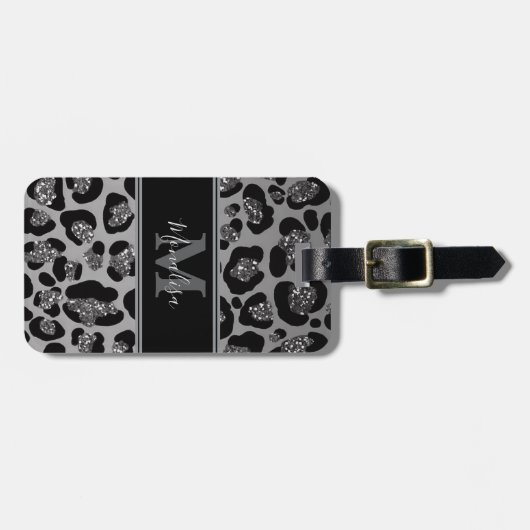 silber und schwarz glittery monogrampersonalisiert gepäckanhänger (Vorderseite horizontal)