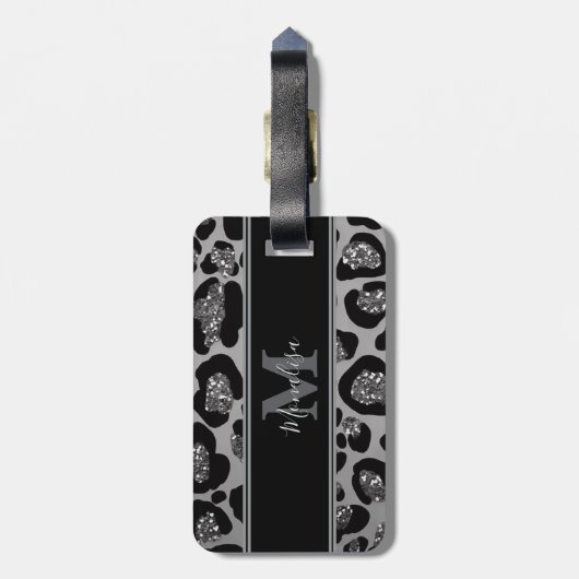 silber und schwarz glittery monogrampersonalisiert gepäckanhänger (Rückseite vertikal)
