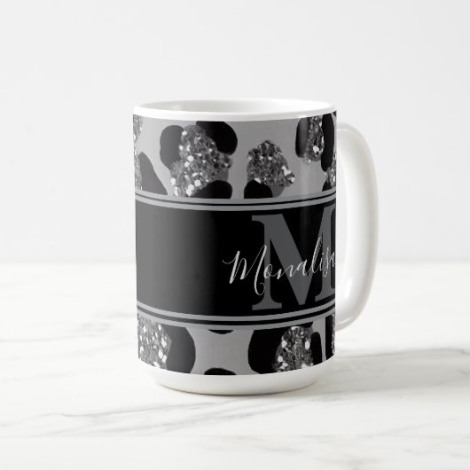 silber und schwarz glittery monogrampersonalisiert kaffeetasse (VorderseiteRechts)