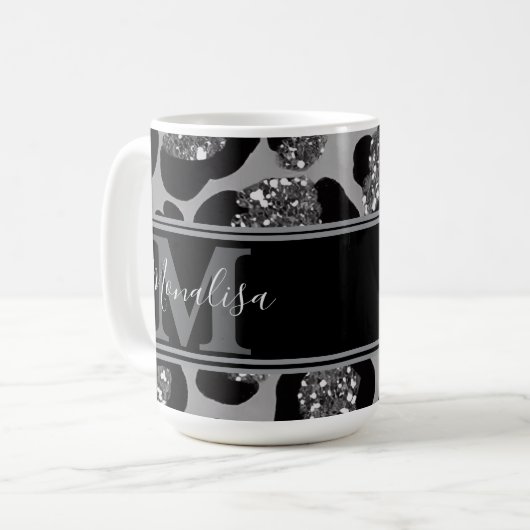 silber und schwarz glittery monogrampersonalisiert kaffeetasse (Vorderseite Links)