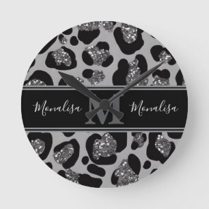 silber und schwarz glittery monogrampersonalisiert runde wanduhr