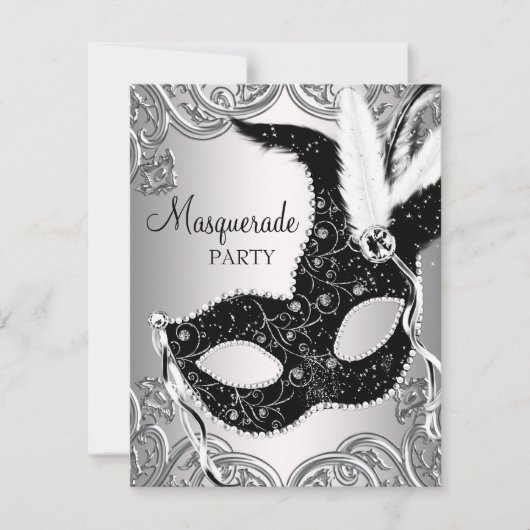 Silber und Schwarz Masquerade Party Einladung (Vorderseite)