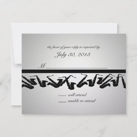 Silber und Schwarz-Saxophon-Antwortkarte RSVP Karte (Vorderseite)