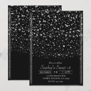 Silber- und schwarze Konfetti-Sprenkler Sweet 16 P Einladung