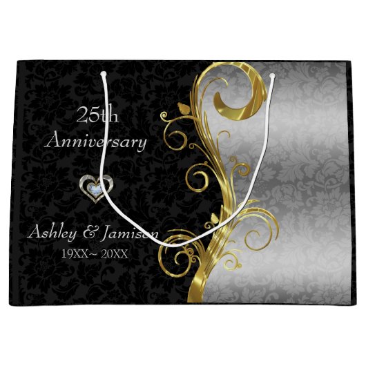 Silber und schwarzer Damast Große Geschenktüte (Vorderseite)