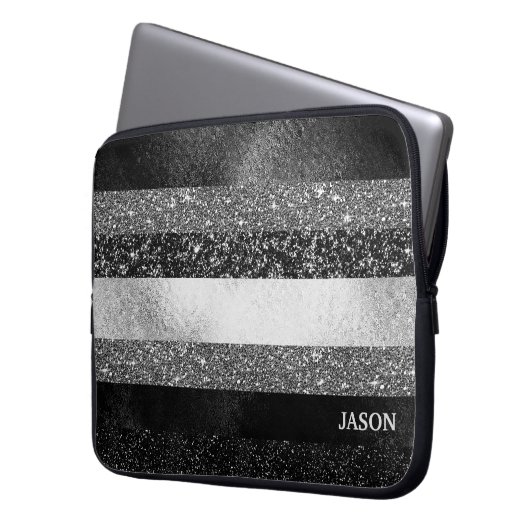 Silber und Schwarzer Glitzer Laptopschutzhülle (Vorderseite Links)
