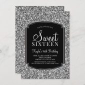 Silber und Schwarzer Glitzer Sweet 16 Einladungen (Vorne/Hinten)
