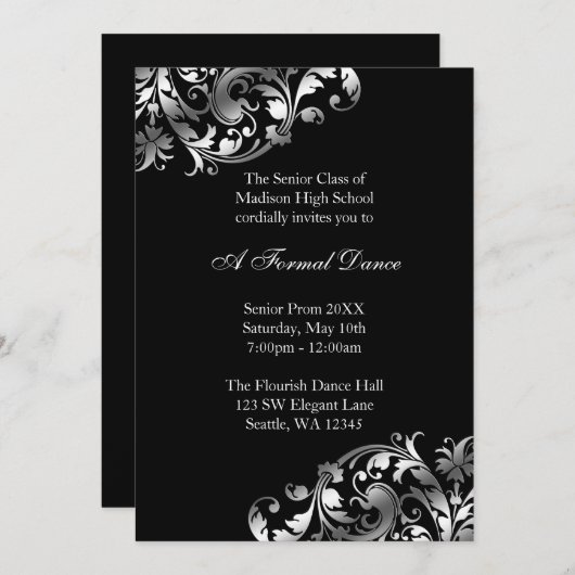 Silber und Schwarzes blühen Abschlussball-formale Einladung (Vorne/Hinten)