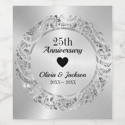 Silber und Schwarzes Herz Weinetikett (Einzelnes Label)