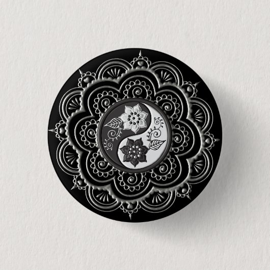 Silber- und schwarzes Mandala Button (Vorderseite)