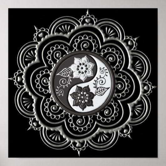 Silber- und schwarzes Mandala Poster (Vorne)