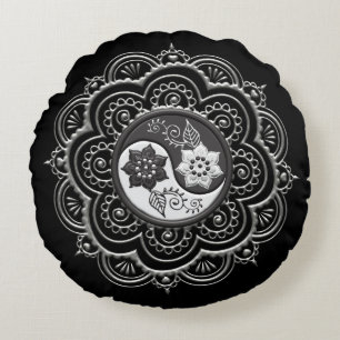 Silber- und schwarzes Mandala Rundes Kissen