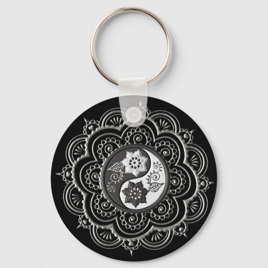 Silber- und schwarzes Mandala Schlüsselanhänger (Vorderseite)