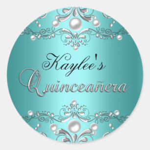 Silber- und Türkis-Damask-Pearl-Quinceanera-Aufkle Runder Aufkleber