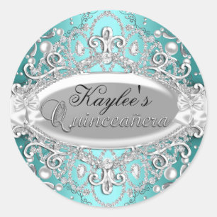 Silber- und Türkis-Damask-Pearl-Quinceanera-Aufkle Runder Aufkleber
