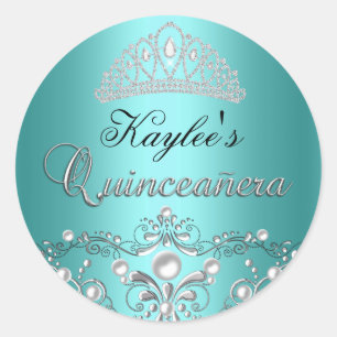 Silber- und Türkis-Damask-Pearl-Quinceanera-Aufkle Runder Aufkleber