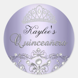 Silber- und violetter Damast-Perlen-Quinceanera-Au Runder Aufkleber