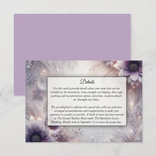 Silber und weiche Amethyst Winterblüten Hochzeit Begleitkarte (Vorne/Hinten)