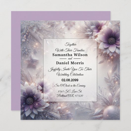 Silber und weiche Amethyst Winterblüten Hochzeit Einladung (Vorne/Hinten)