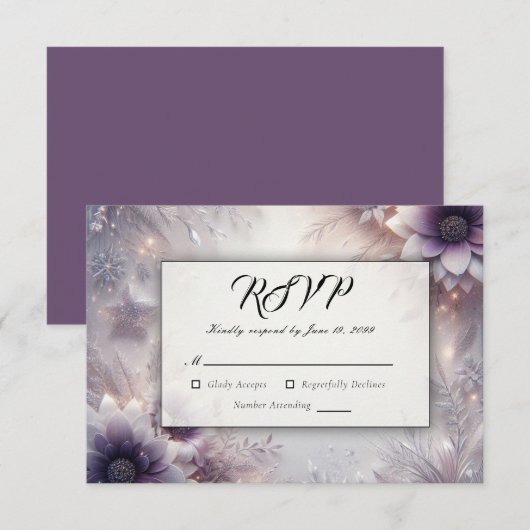 Silber und weiche Amethyst Winterblüten Hochzeit RSVP Karte (Vorne/Hinten)