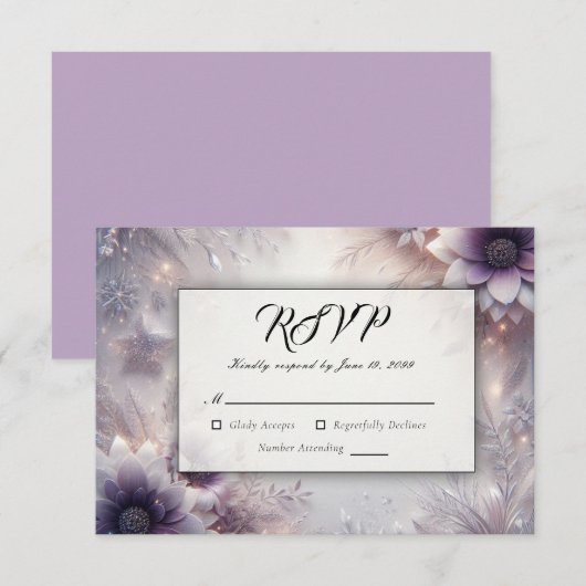 Silber und weiche Amethyst Winterblüten Hochzeit RSVP Karte (Vorne/Hinten)