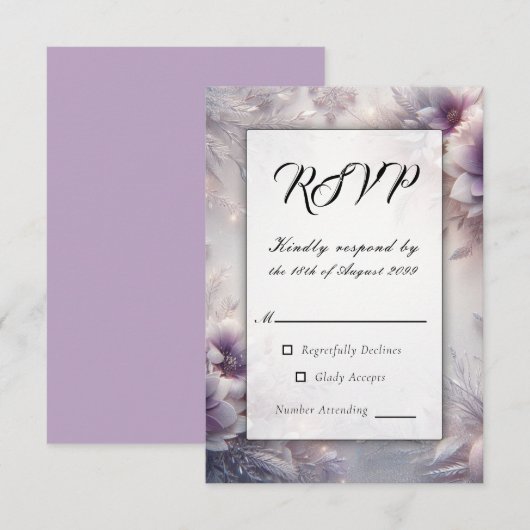 Silber und weiche Amethyst Winterblüten Hochzeit RSVP Karte (Vorne/Hinten)