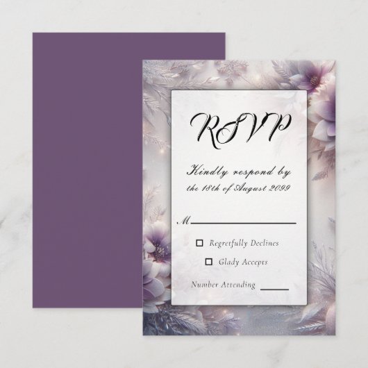 Silber und weiche Amethyst Winterblüten Hochzeit RSVP Karte (Vorne/Hinten)