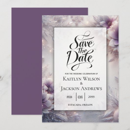 Silber und weiche Amethyst Winterblüten Save The Date (Vorne/Hinten)