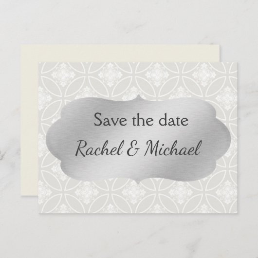 Silber und Weiß Save the Date Ankündigungspostkarte (Vorne/Hinten)