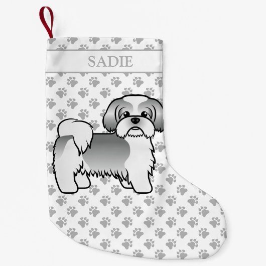Silber und White Shih Tzu Cartoon Dog & Name Kleiner Weihnachtsstrumpf (Vorderseite)