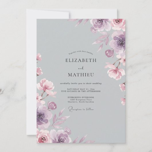 Silber-Veilchen-Blüten-Hochzeit Einladung (Vorderseite)