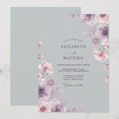 Silber-Veilchen-Blüten-Hochzeit Einladung (Vorne/Hinten)