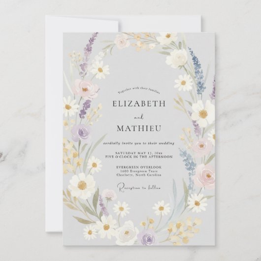 Silber-Veilchen-Wildblumen-Hochzeit Einladung (Vorderseite)
