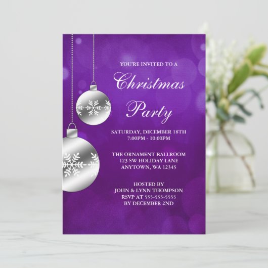 Silber verziert lila Bokeh WeihnachtsParty Einladung (Stehend Vorderseite)
