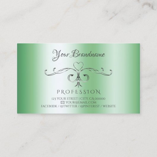 Silber Verzierte Ecken Initials Chic Luminy Green Visitenkarte (Rückseite)