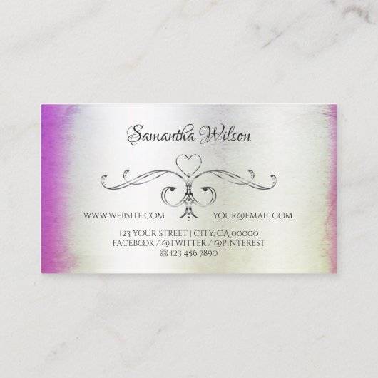Silber Verzierte Ecken und Logo Lila Pink Shimmer Visitenkarte