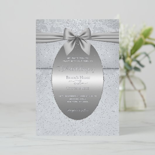 Silber Vintag mit Bow Wedding Einladung (Stehend vorne)