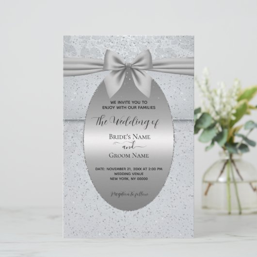 Silber Vintag mit Bow Wedding Einladung Briefpapier (Stehend Vorderseite)