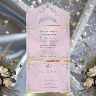 Silber Vintage Border Quinceanera - Pastellrosa All In One Einladung