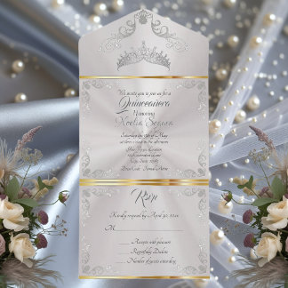 Silber Vintage Border Quinceanera - Perlenweiß All In One Einladung