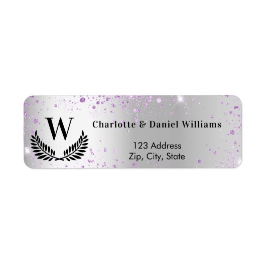 Silber violette Glitzern Monogramm Rücksendeadress (Vorne)