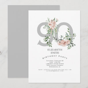 Silber & Weiß Elegante Rosa Rose 90. Einladung