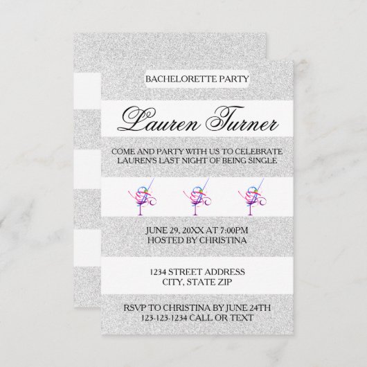 Silber & White Streifen-3x5 Bachelorette Einladung (Vorne/Hinten)