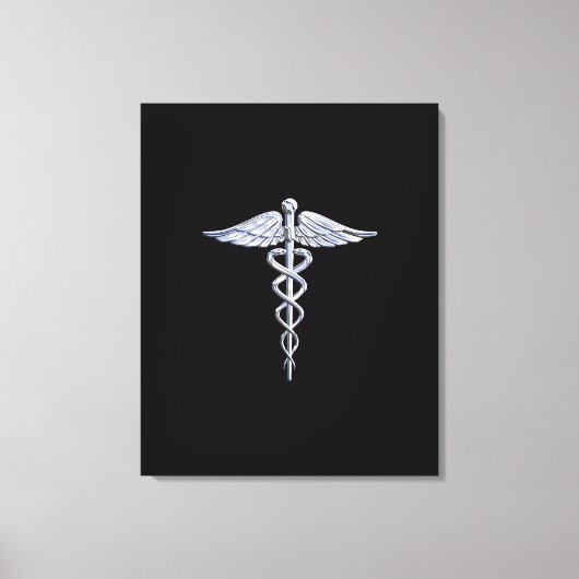 Silber wie Caduceus Medical Symbol auf schwarzer D Leinwanddruck (Vorderseite)