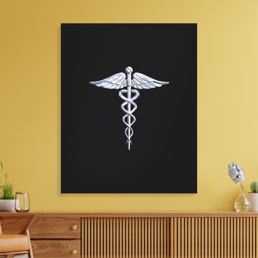 Silber wie Caduceus Medical Symbol auf schwarzer D Leinwanddruck (Insitu (Wohnzimmer))