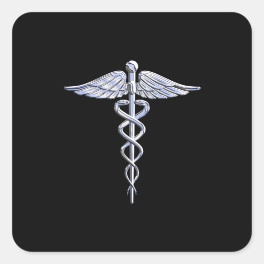 Silber wie Caduceus Medical Symbol auf schwarzer D Quadratischer Aufkleber (Vorderseite)